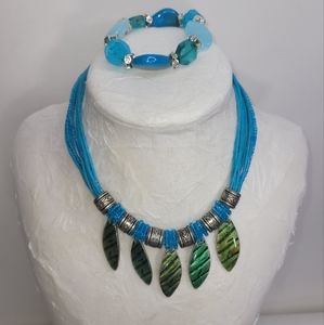 Turquoise Glass Beaded Enamel Green Leaves Pendant Necklace Matching Bracelet